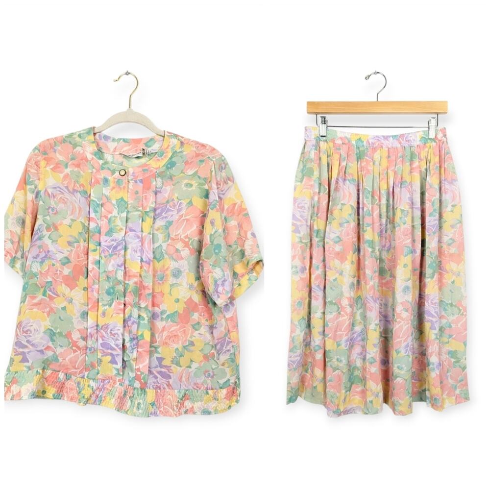 Alfred Dunner Pastel Floral Vintage 80s Blouse & Skirt Set Size 14P